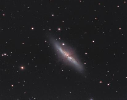 M82 wird auch als Zigarrengalaxie bezeichnet und verändert sich durch die Wechselwirkung mit M81 dramatisch. Im inneren Bereich hat sich die Sternentstehungsrate stark erhöht (Starburst).