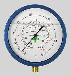 3 CO 2 Gauges CO 2 Manometer Pressure range: low side; double scale, 30 bar, 460 psi high side, double scale, 60 bar, 870 psi class Mechanism: bellow type gauge with aluminium housing Connection: 8