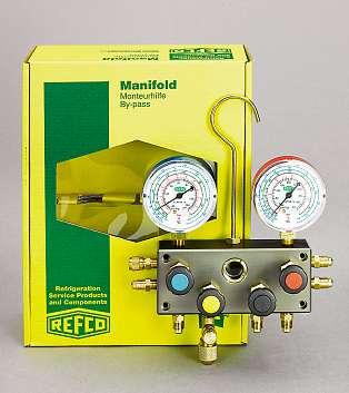 Four-way manifolds Vier-Weg-Monteurhilfen 47 Four-way manifold with Bourdon type gauges and sight glass BM4-8 with Bourdon type gauges, hook, without accessories, packed in a cardboard box Part No
