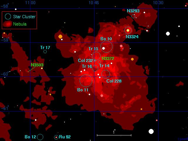 Die Umgebung NGC3372 ist der große Nebel, der Carina Nebel (Größe etwa 200 LJ) Trumpler 14 und 16 sind darin