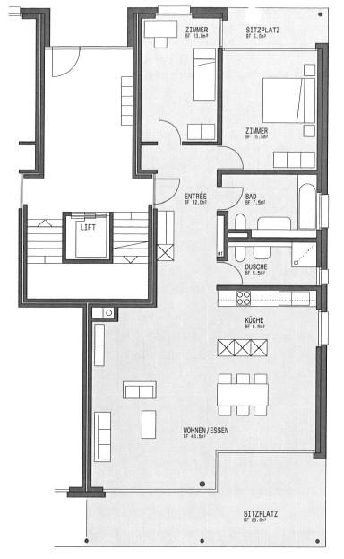 Raumprogramm Ihre vier Wände Erdgeschoss Eingangsbereich grosszügig 12 m 2 Wohnen / Essen mit Cheminéeofen 43.5 m 2 Küche offen, mit Schrankwand 8.