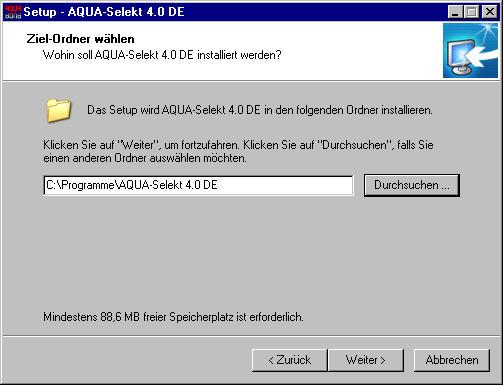 Sie können nun den Installationsordner auf Ihrer Festplatte für AQUA-Selekt 5.x frei wählen. Wir empfehlen jedoch, die Standardvorgaben zu übernehmen.