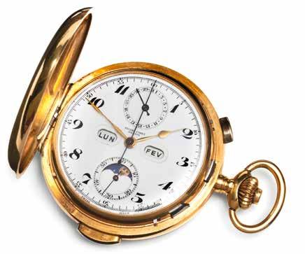 162 Taschenuhren 3571 3571 Taschenuhren 3571. Seltene Taschenuhr mit Minutenrepetition, Chronograph, kompletter Quantième und Mondphase, Gold 18 K, Schweiz, um 1900.