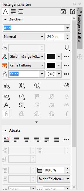 Andockfenster in CorelDRAW Seite 16 von 23 Texteigenschaften Mit dem Andockfenster Texteigenschaften können Sie einem Grafikoder Mengentext Zeichen- bzw. Absatzformatierungen zuweisen.