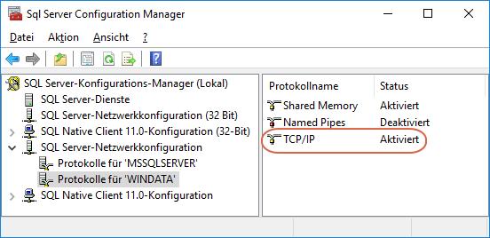 Der TCP/IP Port der Instanz muss in der Firewall freigegeben sein Die SQL Server Instanz WINDATA bekommt (sofern das TCP/IP-Protokoll aktiviert ist) einen Port zugewiesen. Dieser muss in ggf.