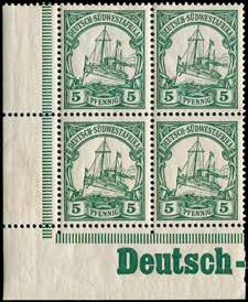 DEUTSCH-SÜDWESTAFRIKA 55 10492 F 1898/99, 3 Pfg. bis 50 Pfg. mit Aufdruck in Eckrandstücken aus der oberen rechten Bogenecke, tadellos gestempelt mit EKr.