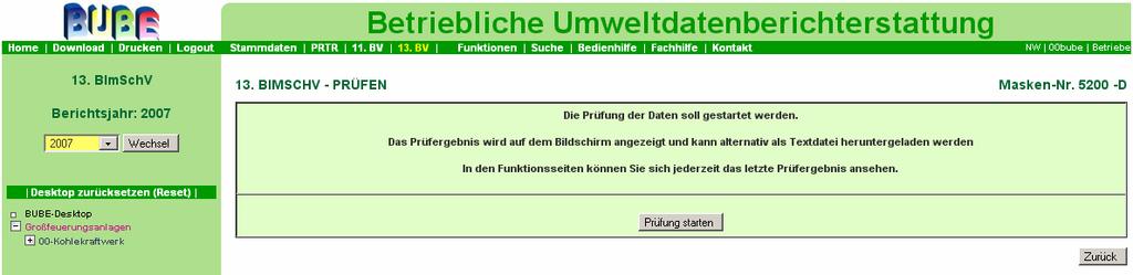 Alternativ kann das Prüfen der Daten auch über die Formularmaske Großfeuerungsanlagen - GFA - Liste (Masken-Nr. 5111 -L) durchgeführt werden (Abbildung 34).