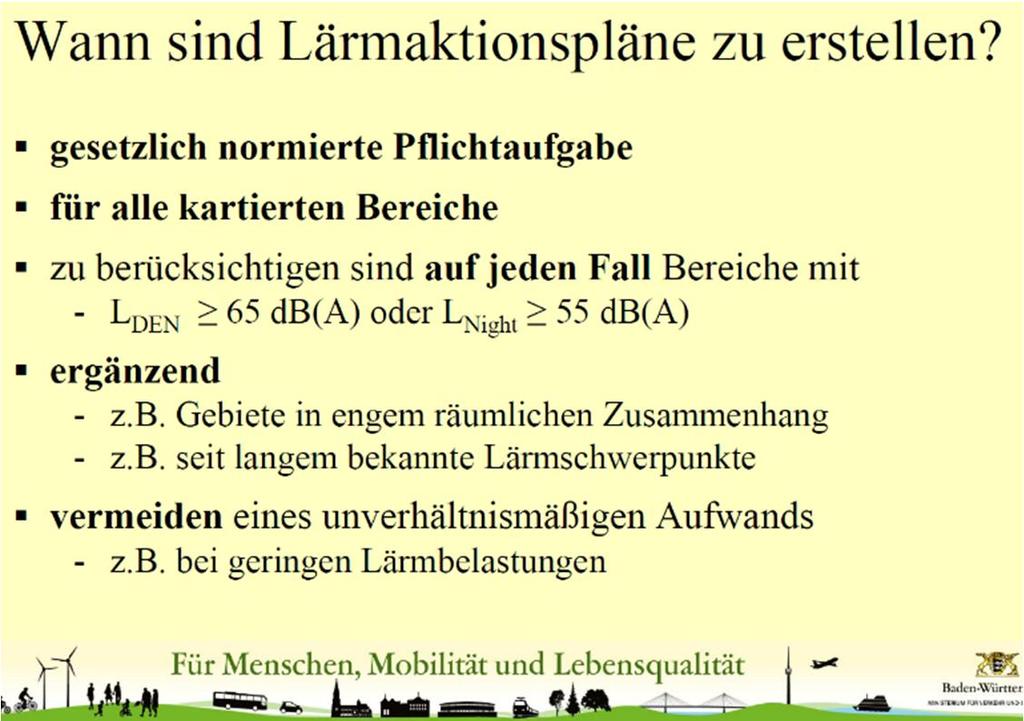 Kooperationserlass des MVI B-W Keine verbindlichen Auslösewerte gesetzlich vorgegeben Wahl der Auslösewerte fällt in Planungshoheit