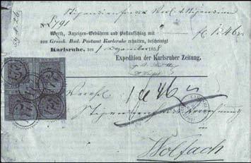 Köhler 05.2001, Los 5231, Ausruf Euro 1.534,-- + Aufgeld. Zuschlag EUR 12.271,-- + Aufgeld Absender : Aus Karlsruhe Ziel: Wolfach Marke : Mi. Nr. 8(4) Datum: 1858.12.01. Stempel : Nr.