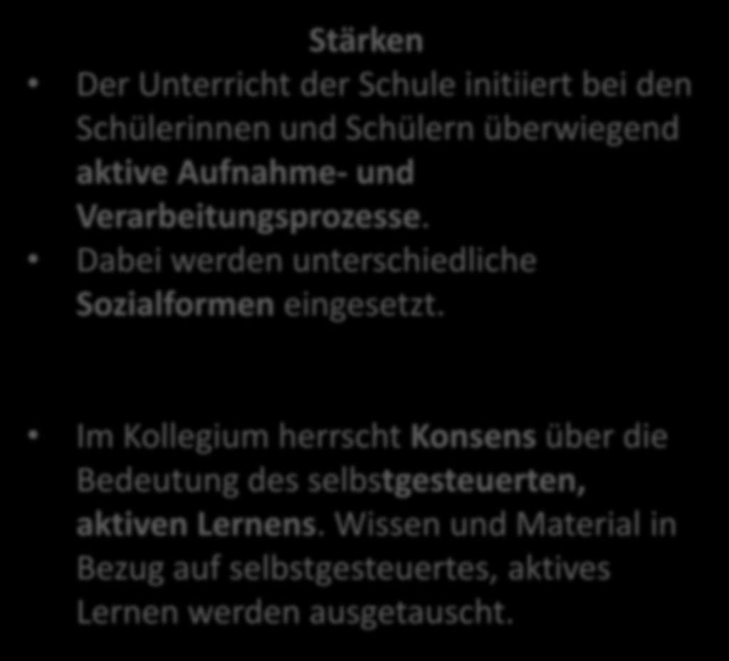 1. Förderung des selbstgesteuerten, aktiven Lernens Stärken Der Unterricht der Schule initiiert bei den Schülerinnen und Schülern überwiegend aktive