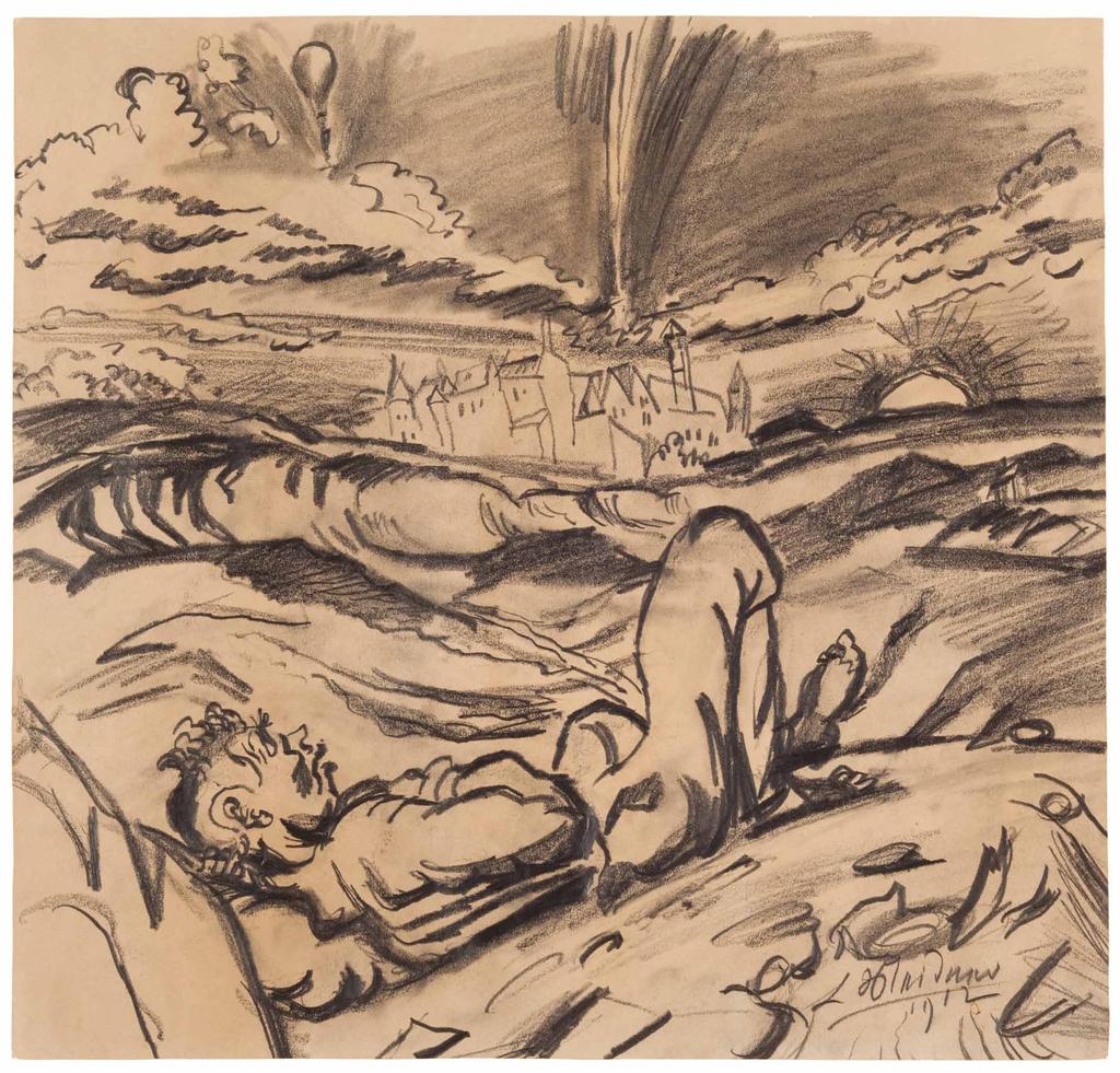 Ludwig Meidner (1884-1966) Apokalyptische Szene Bleistift auf Zeichenkarton, 1912 Signiert und datiert unten rechts Verso Das Menschenschw... in Contemplation versenkt... 37,6 x 39,5 cm Provenienz: D.