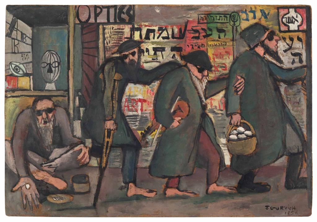 JOSÉ GURVICH (1927-1974) The Blind leading the Blind (Hommage an Breughel) Öl auf Malkarton, 1956 Signiert und datiert unten rechts 34,5 x 50 cm Straßenszene in Tel Aviv, entstanden während des