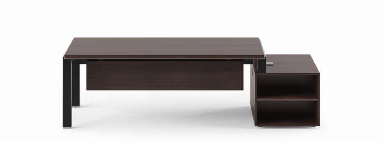 desk: black painted metal structure, top and modesty panel in elm melamine; service units in elm melamine.