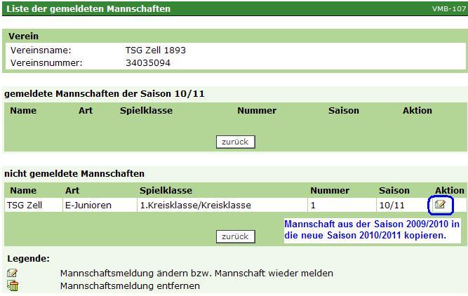 Mannschaft kopieren Falls die Mannschaft in der abgelaufenen