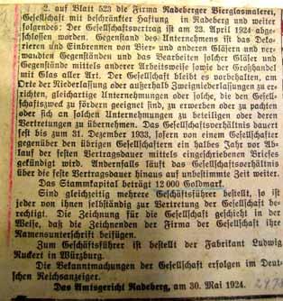 Radeberg in Sachsen Rabima - 1924-1991 Im Bericht zur Fertigung von Bierseideln (PK 2007-4, S. 259 ff.) nannte ich die Radeberger Bierglasmalerei, die Rabima GmbH.