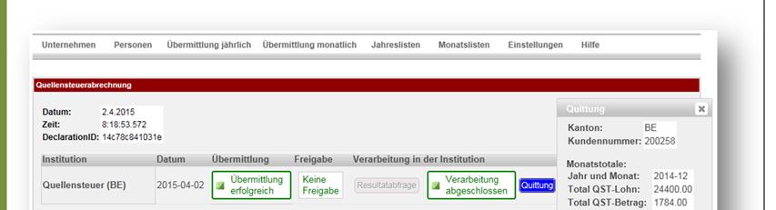 In der elektronische Quittung erhalten Sie die Anzahl der übermittelten Lohnausweise pro Kanton: Quellensteuer: Die Quellensteuerabrechnung