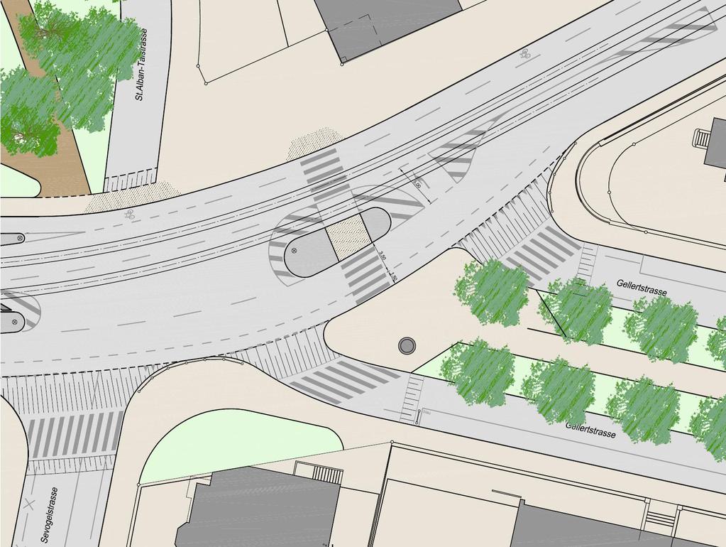 Abbildung 10: Kreuzungsbereich Gellertstrasse/Sevogelstrasse nach der Umgestaltung In den Einmündungsbereichen der Gellertstrasse und der Sevogelstrasse werden die Fahrbahnränder optimiert, um