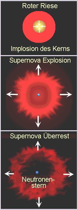 Supernovae vom Typ II Ende der Kernfusion: Neutronisation der Materie, Druck der entarteten Elektronen fällt weg, Kern kollabiert, sog.