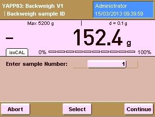 Afterwards, you are prompted to weigh in the first sample. The workflow automatically provides a sample number.
