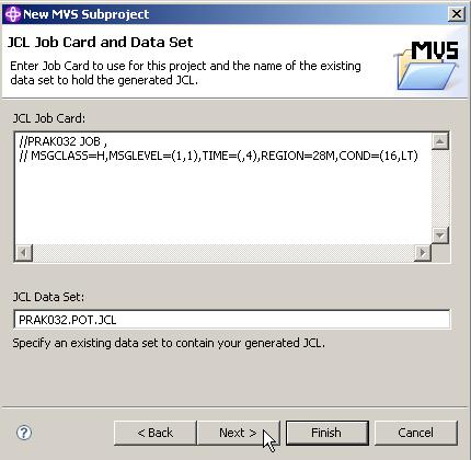 Abbildung 4.3.2 Auf dem JCL Job Card and JCL Data Set panel, ändere den JCL Data Set to PRAK###.POT.JCL where ### Ihre UserID ist (032 in diesem Beispiel). Nicht den Default Wert! (PRAK###.