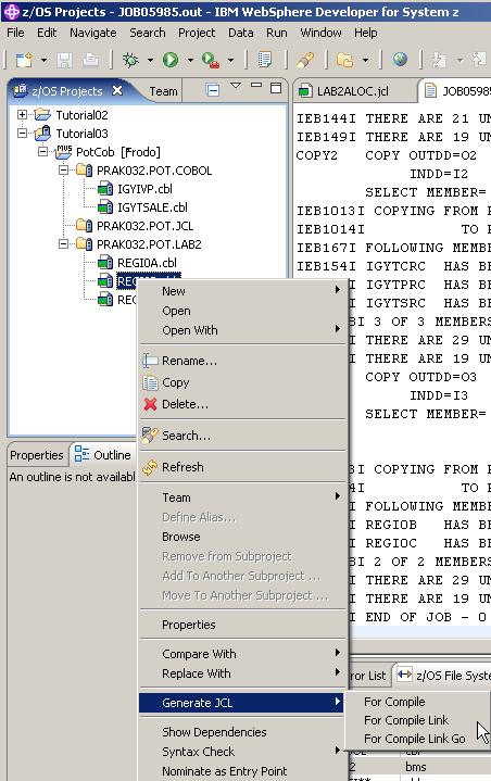 Abbildung 4.5.1 Im z/os Projects View, expandiere PotCob und PRAK032.POT:LAB. 1kr auf REGI0B.cbl. Selektiere Generate JCL For Compile Link.