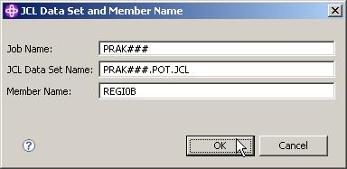 Abbildung 4.5.2 Im JCL Data Set and Member Name Window hat der JCL Data Set Name den Wert, den Sie in Ihren Project Settings spezifizierten. ### muss durch Ihre User ID ersetzt werden. Click OK.
