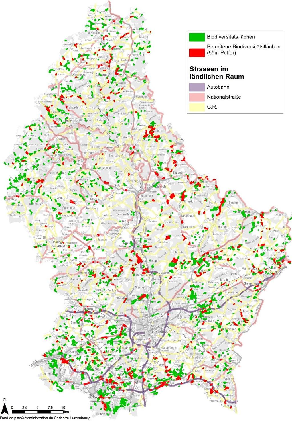 Straβenränder Kartographische Darstellung 55m Puffer Betroffene Flächen insgesamt: 767 (1940 ha) Kilometerzahl