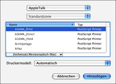 DRUCKEN UNTER MAC OS X 26 DRUCKER HINZUFÜGEN - DRUCKVERBINDUNG APPLETALK 1 Wählen Sie AppleTalk im obersten Einblendmenü. Die Seite AppleTalk wird geöffnet.