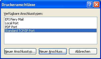 DRUCKEN UNTER WINDOWS 56 5 Windows 2000/XP/Server2003: Wählen Sie Standard TCP/IP Port und klicken Sie auf Neuer Anschluss.