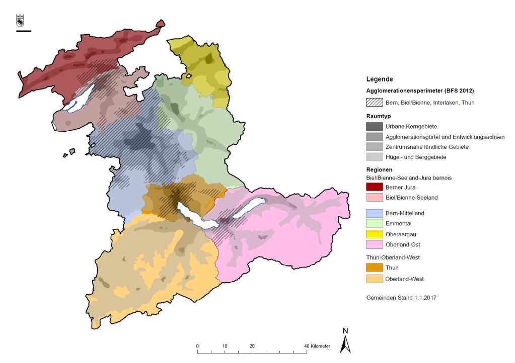 Abbildung 1-1: Agglomerations-, Raumtyp- und Regionsperimeter des Kantons Bern Die Grundgesamtheiten variieren zwischen den einzelnen geografischen Untersuchungsräumen stark.