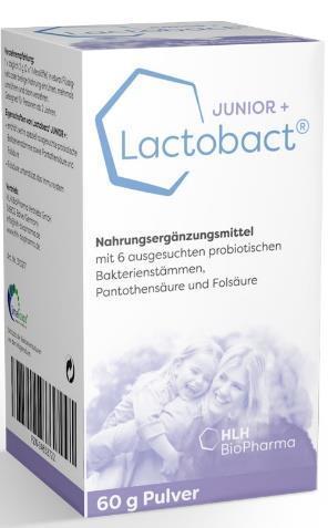 Produktinformationen Seite 1-4 Lactobact JUNIOR + Bezeichnung: Nahrungsergänzungsmittel mit 6 speziell ausgesuchten probiotischen Bakterienkulturen, Pantothensäure und Folsäure Eigenschaften Enthält