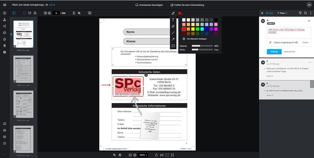 SPc Verlag Oberfläche im Überblick PC MAC 1 Ansicht Seitenminiaturen 4. Kommentarfunktion 8. Bearbeitung abschließen 4. Markierungswerkzeuge 4. Farbpalette 3.