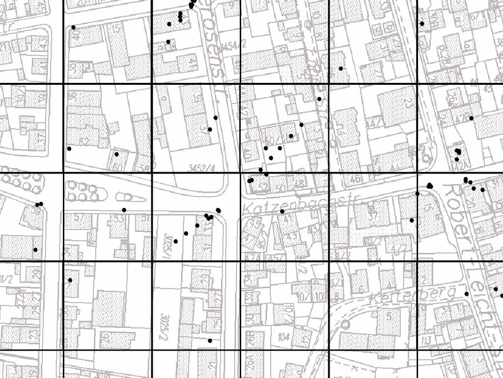 Abbildung 2: Aufteilung in 50-mal-50- Meter-Rasterzellen Kartengrundlage Stadtmessungsamt Im Geografischen Informationssystem wurden die Unfälle innerhalb von Suchkreisen aggregiert und rechnerisch