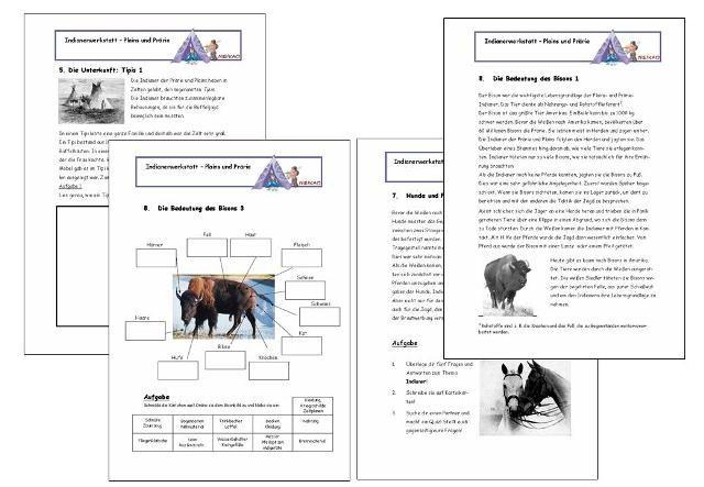 Lesetext, Indianer-ABC erstellen Hunde und Pferde Lesetext, eigene Quizfragen aufschreiben und beantworten Die Bedeutung des Bisons 1 bis 3 Lesetexte, Lückentext, Beschriftung eines Bisons Waffen