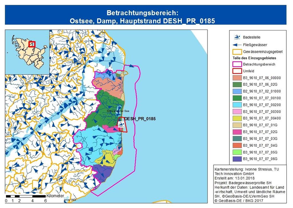 Abbildung 2: Betrachtungsbereich der Badestelle Beschreibung des Umfelds Etwa 35% der Flächen im Umfeld der Badestelle werden landwirtschaftlich genutzt, saisonal wird auf diesen Flächen Gülle