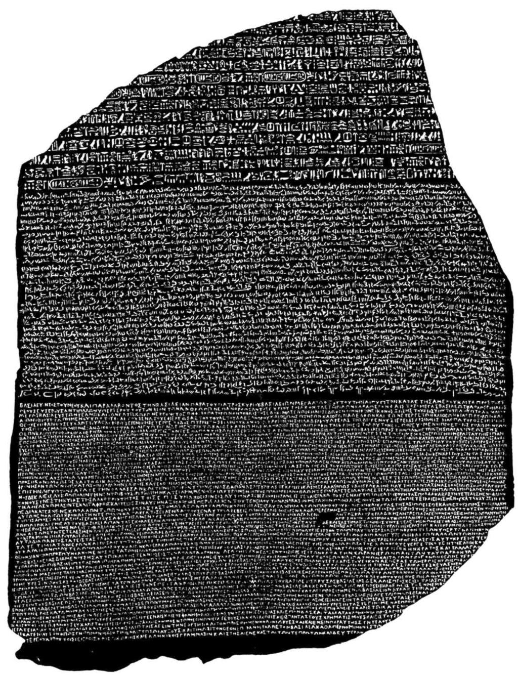 Auf dem Stein findet man Texte in drei Schriften: in Hieroglyphen, in demotischer Schrift und auf Altgriechisch in griechischen Großbuchstaben. Abbildung 3.