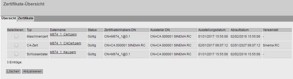 3.3 VPN-Tunnel zwischen SCALANCE M87x und SINEMA RC Server Ergebnis Die Zertifikate sind geladen. Unter "Security > Zertifikate" werden die Zertifikate angezeigt.