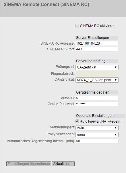 3.3 VPN-Tunnel zwischen SCALANCE M87x und SINEMA RC Server Aktivieren Sie "SINEMA RC aktivieren" und klicken Sie auf "Einstellungen übernehmen".