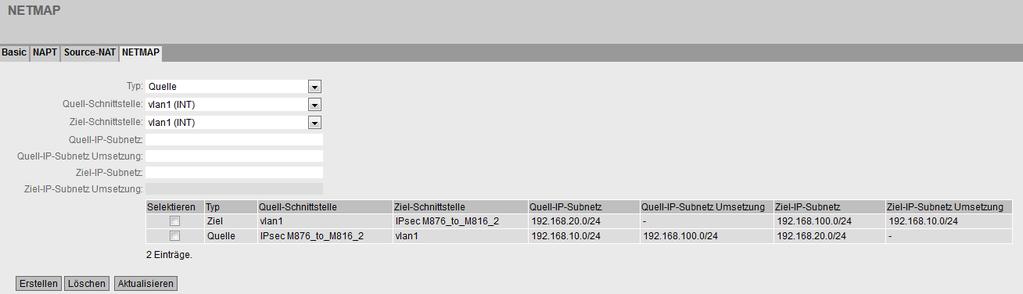 NETMAP mit SCALANCE M-800 4.2 NETMAP für das entfernte Netz Vorgehensweise 1. Klicken Sie im Navigationsbereich auf "Layer 3" > "NAT" und im Inhaltsbereich auf das Register "NETMAP". 2.