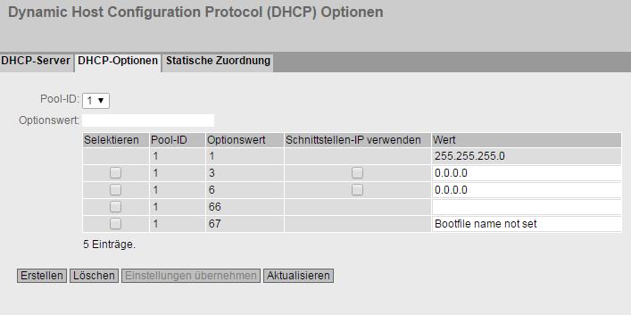 SCALANCE M-800 als DHCP Server 2.2 DHCP-Optionen festlegen Vorgehensweise 1. Klicken Sie im Navigationsbereich auf "System" > "DHCP" und im Inhaltsbereich auf das Register "DHCP-Optionen". 2. Aktivieren Sie "Schnittstellen-IP verwenden" bei den DHCP-Optionen 3 und 6.