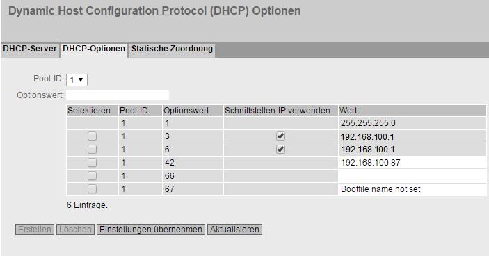 SCALANCE M-800 als DHCP Server 2.3 Statische IP-Adressvergabe projektieren Ergebnis Die DHCP-Optionen sind konfiguriert.