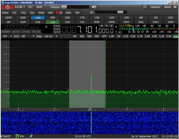 Einstellungen am ColibriNANO Frequenz 7,1 MHz, Bandwidth 2,5kHz, Preamp 0dB, RF Gain 100dB, Sample Rate 96kHz 116dBm CW Signal 116dBm Rausch Signal +3dB Bild 7: S+N/N=2=3dB bei CW Signal von 116dBm