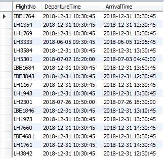 ArrivalTime Funktion Schreiben Sie eine Funktion "ArrivalTime" welche als Input eine Flugnummer (bestehend aus minimal 3 und maximal 8 Zeichen) erwartet und die Ankunftszeit (Abflugzeit + Flugdauer)
