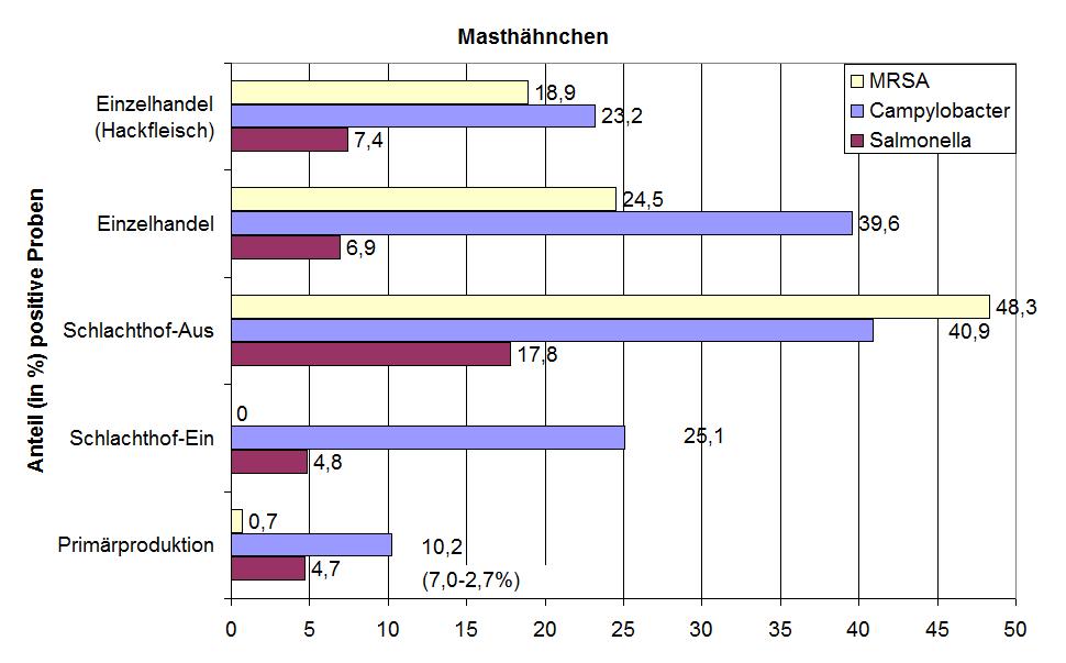 Masthähnchen und Hähnchenfleisch 1 9 8 Salmonella - Masthähnchen 7,-2,7% 4,8% 17,8% 7,6-6,2% 7,4% 1 9 8 Campylobacter - Masthähnchen