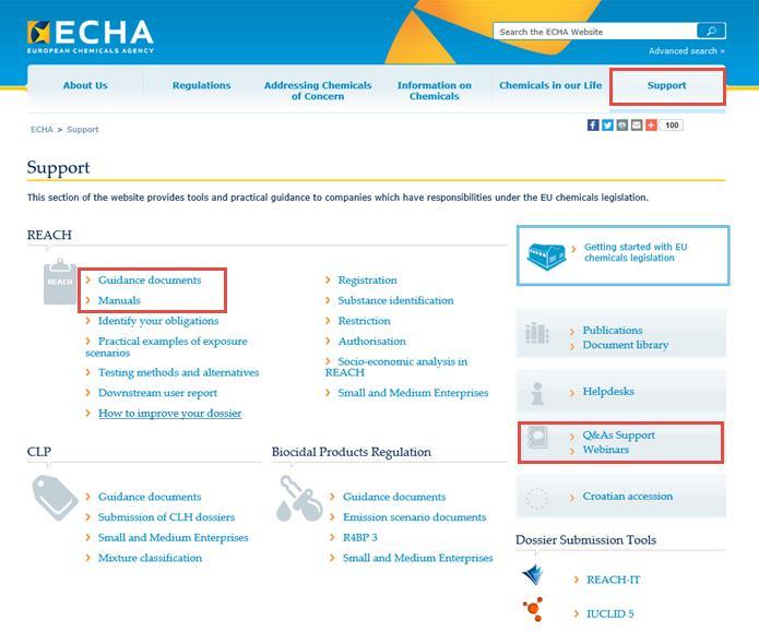 Zusätzliche Hilfestellung ECHA Webseite: Support Guidance