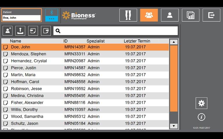 Patienten-Netzwerk-Feld Verbindungsstatus- Schaltfläche Programmeinstellungs- Symbol Patienten-Dashboard-Symbol Abmeldungs-/ Einstellungs-Symbol Patientendatenbank-Symbol Berichts-Symbol Abbildung