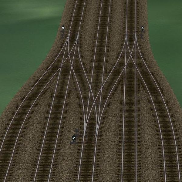 Ein Beispiel einer Gleisverbindung in der 3D-Ansicht: Diese Gleisverbindung kann nun beliebig um weitere Weichen erweitert werden. Der Gleisabstand von 4,5 Metern ergibt sich automatisch.