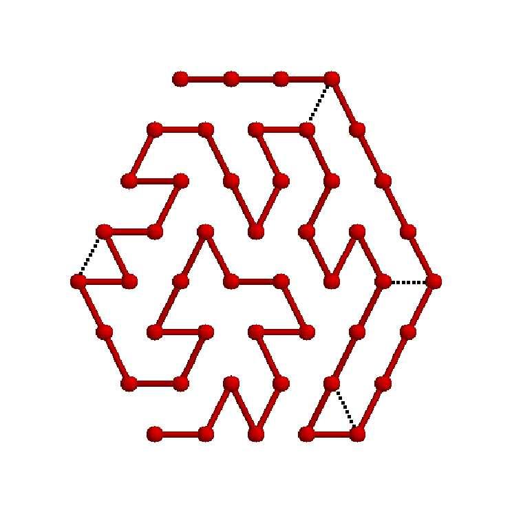 2.1. DAS 2D DREIECKSGITTER 37 17 45 38 41 Abbildung 2.2: Links: Grundzustand des Homo- 48mers auf dem zweidimensionalen Dreiecksgitter. Angedeutet sind die Monomere mit E local = 1.