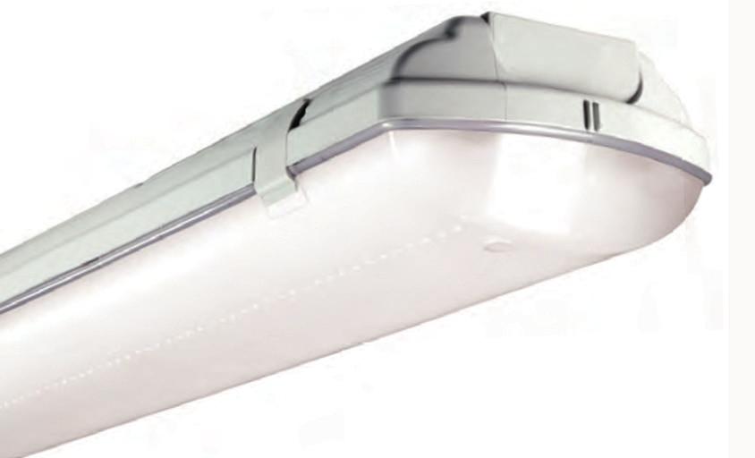 52 BS100 SD Leuchte hoher Schutzart: Gehäuse aus Polycarbonat mit klarer Abdeckung aus Polycarbonat, mikroprismatisch, und weißem Reflektor aus Stahlblech. Verschlüsse aus Kunststoff (PC).