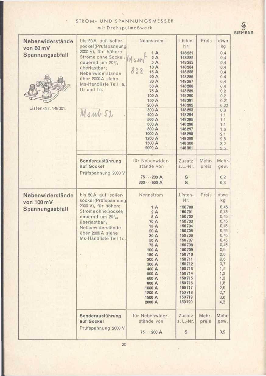 Nebenwiderstände von 60 mv Spannungsabfall Listen-N r. 148301. STROM- UND SPANNUNGSMESSER mit D re h s p u I m eß we r k bis 50A auf Is o lie r N ennstrom Listen- Preis etwa sockel (Prüfspannung Nr.